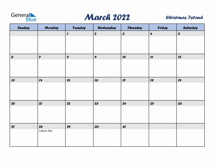 March 2022 Calendar with Holidays in Christmas Island