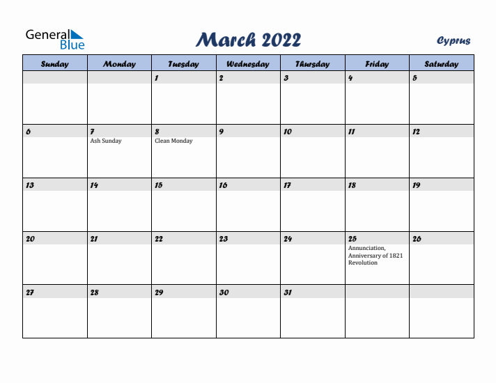 March 2022 Calendar with Holidays in Cyprus