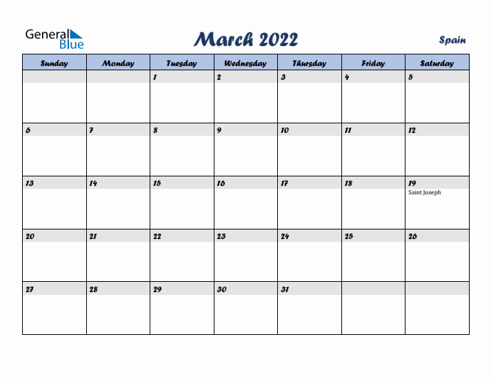 March 2022 Calendar with Holidays in Spain