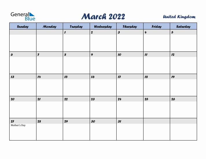 March 2022 Calendar with Holidays in United Kingdom