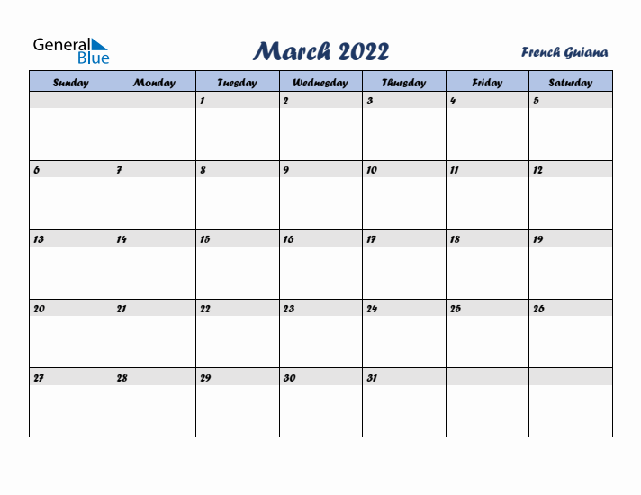 March 2022 Calendar with Holidays in French Guiana