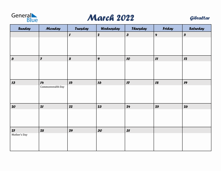 March 2022 Calendar with Holidays in Gibraltar