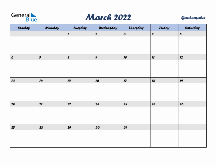 March 2022 Calendar with Holidays in Guatemala