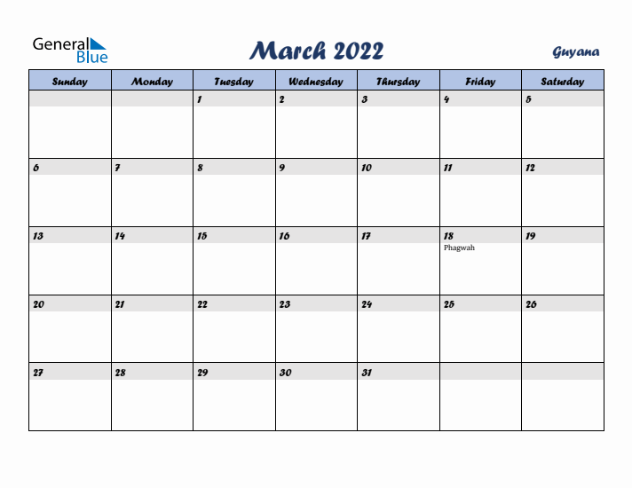 March 2022 Calendar with Holidays in Guyana