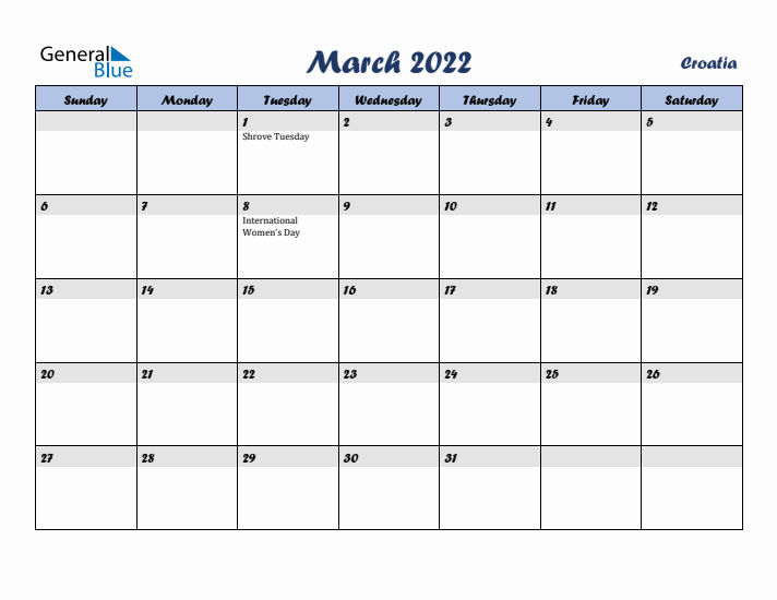 March 2022 Calendar with Holidays in Croatia