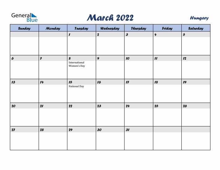 March 2022 Calendar with Holidays in Hungary