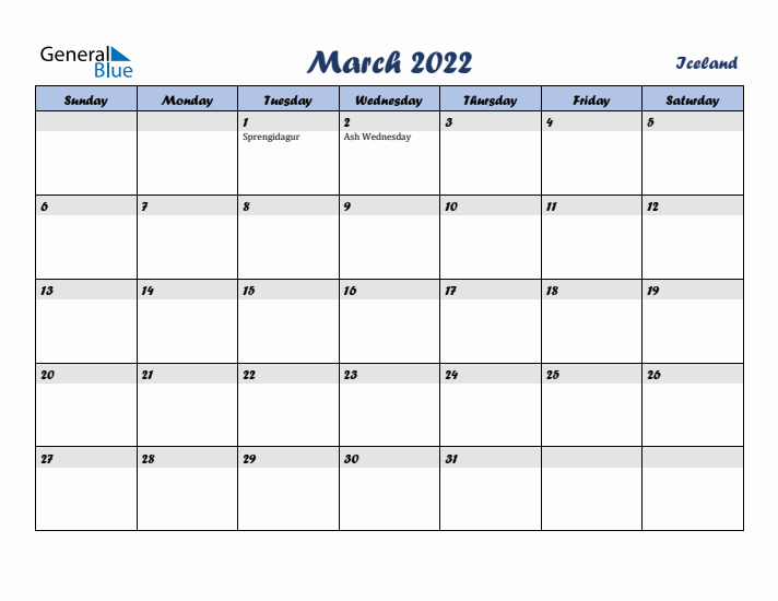 March 2022 Calendar with Holidays in Iceland