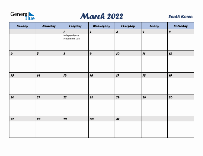 March 2022 Calendar with Holidays in South Korea