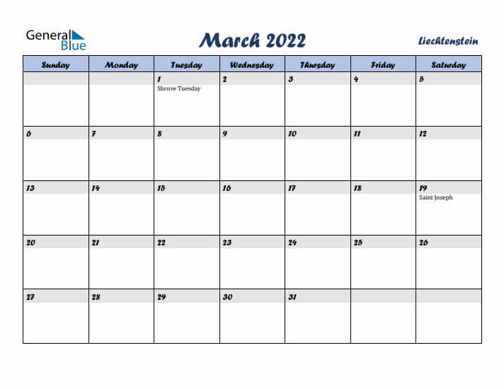 March 2022 Calendar with Holidays in Liechtenstein