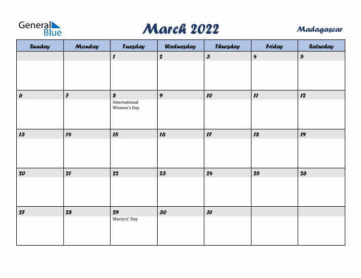 March 2022 Calendar with Holidays in Madagascar