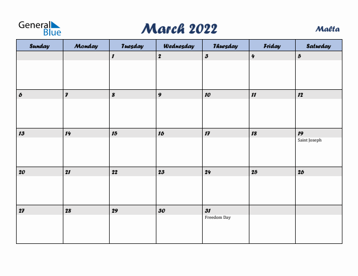March 2022 Calendar with Holidays in Malta