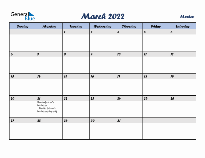 March 2022 Calendar with Holidays in Mexico