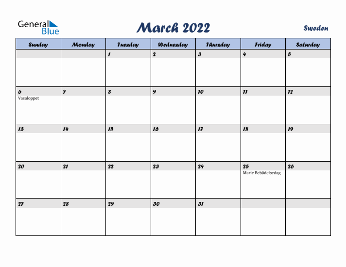 March 2022 Calendar with Holidays in Sweden