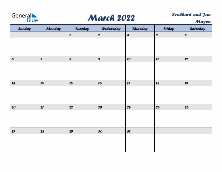 March 2022 Calendar with Holidays in Svalbard and Jan Mayen