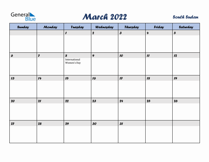 March 2022 Calendar with Holidays in South Sudan