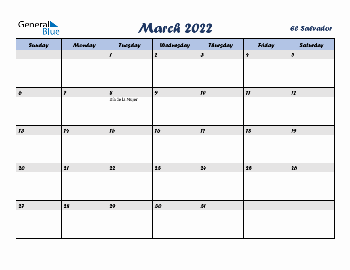 March 2022 Calendar with Holidays in El Salvador