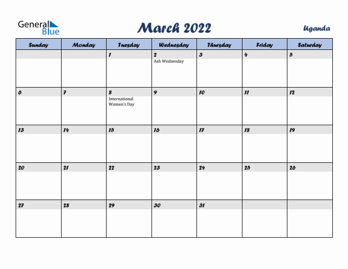 March 2022 Calendar with Holidays in Uganda