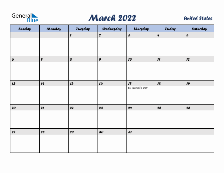 March 2022 Calendar with Holidays in United States