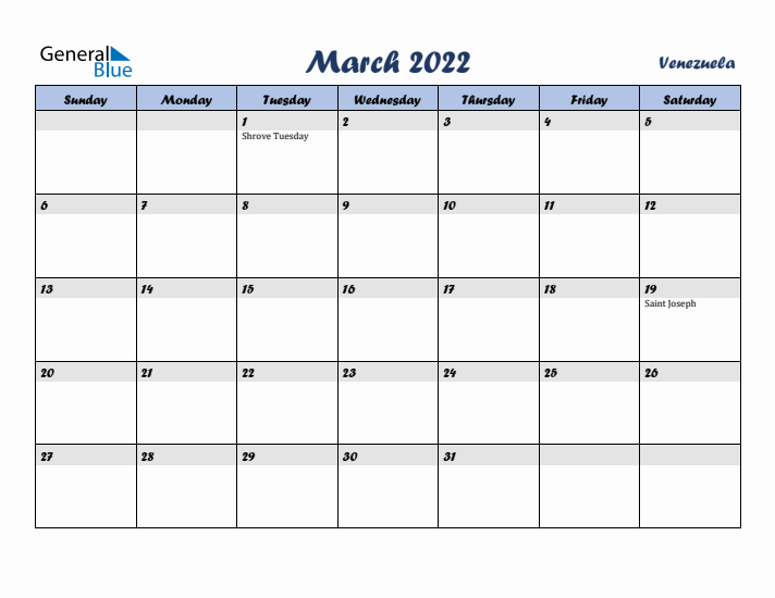 March 2022 Calendar with Holidays in Venezuela