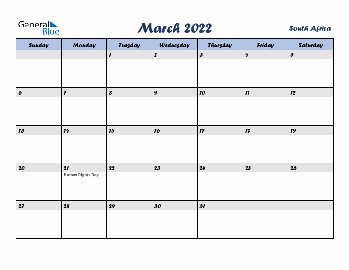 March 2022 Calendar with Holidays in South Africa
