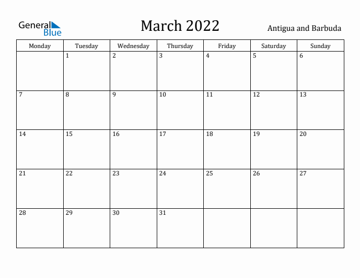 March 2022 Calendar Antigua and Barbuda