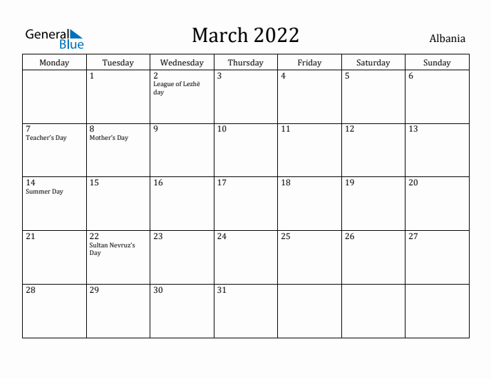March 2022 Calendar Albania