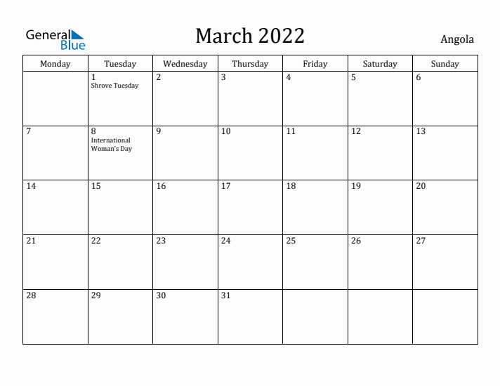 March 2022 Calendar Angola