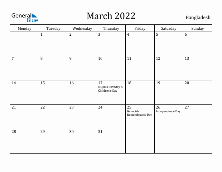 March 2022 Calendar Bangladesh