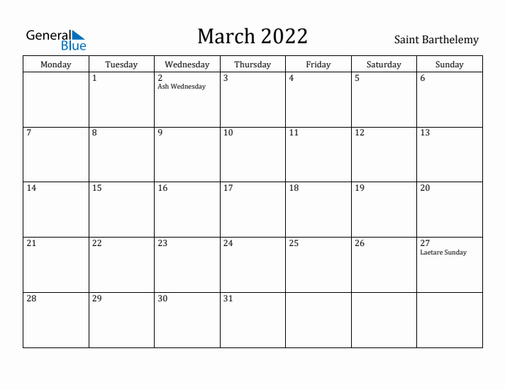 March 2022 Calendar Saint Barthelemy