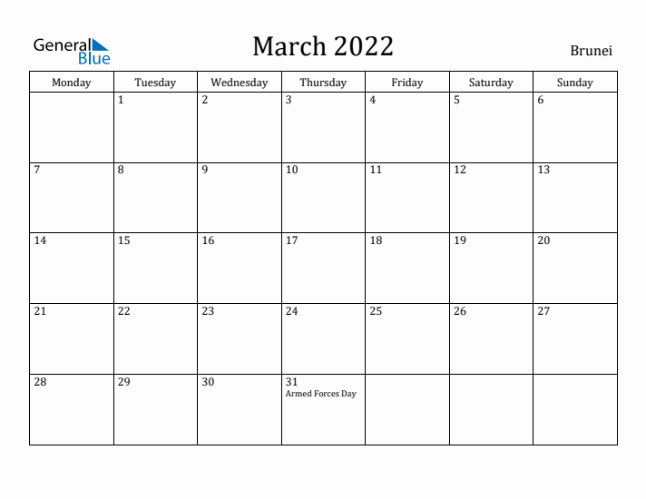 March 2022 Calendar Brunei