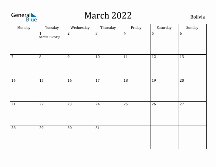 March 2022 Calendar Bolivia