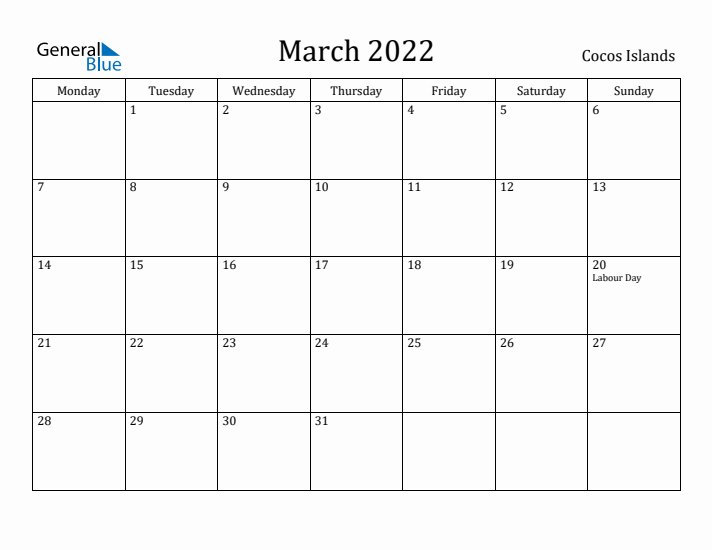 March 2022 Calendar Cocos Islands