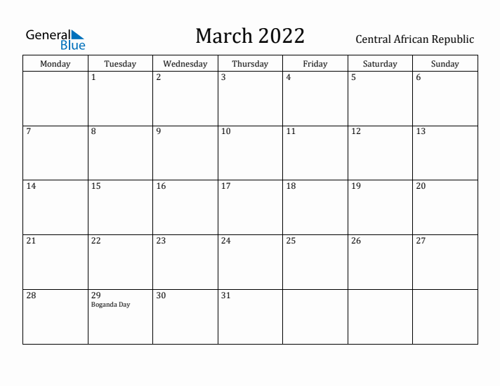 March 2022 Calendar Central African Republic