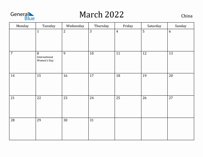 March 2022 Calendar China