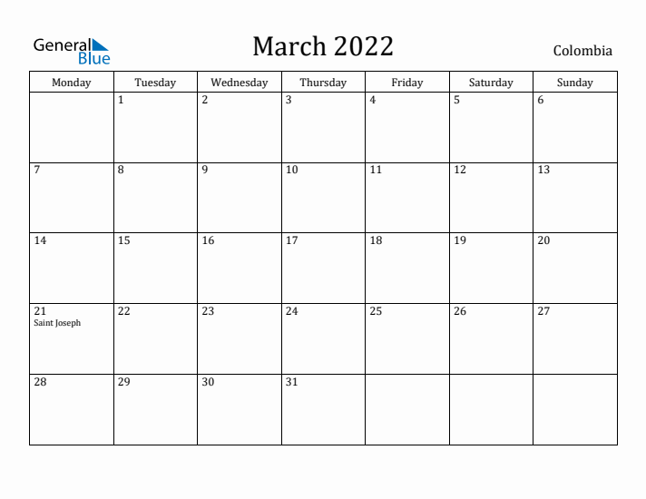 March 2022 Calendar Colombia