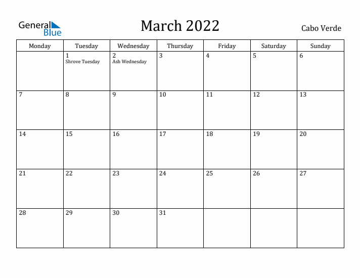 March 2022 Calendar Cabo Verde