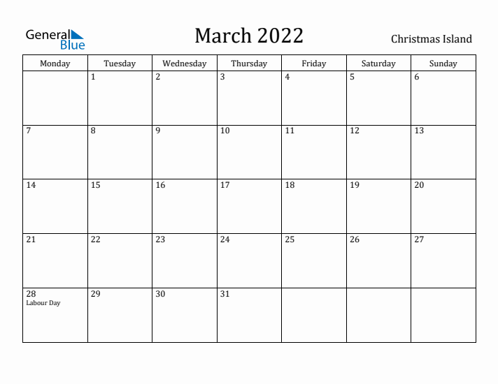 March 2022 Calendar Christmas Island