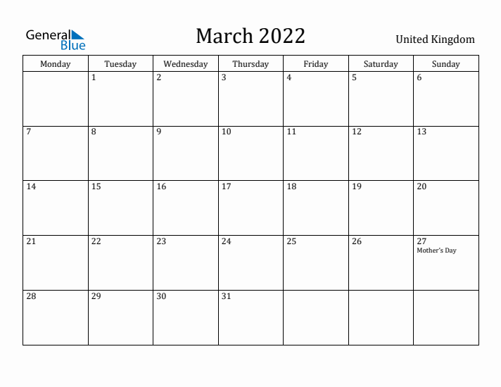 March 2022 Calendar United Kingdom