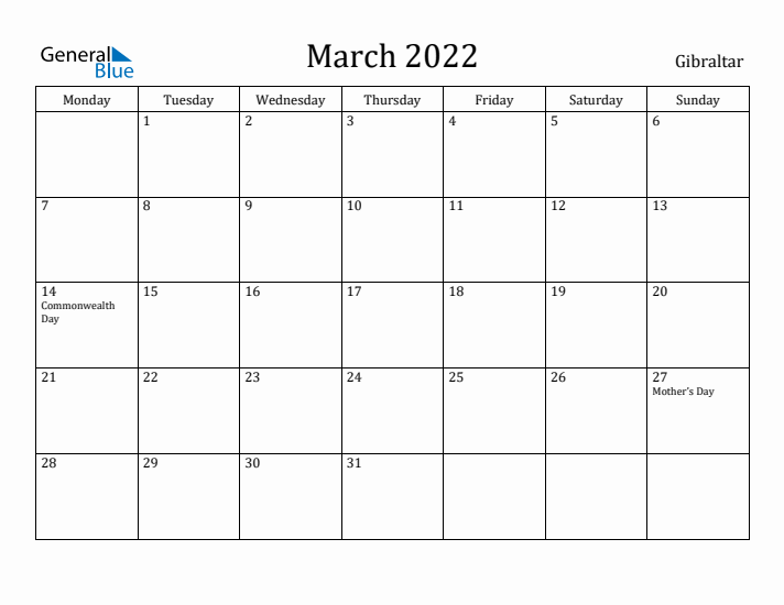 March 2022 Calendar Gibraltar