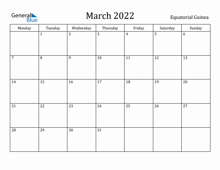March 2022 Calendar Equatorial Guinea