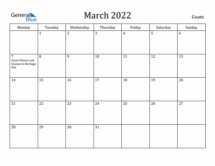 March 2022 Calendar Guam