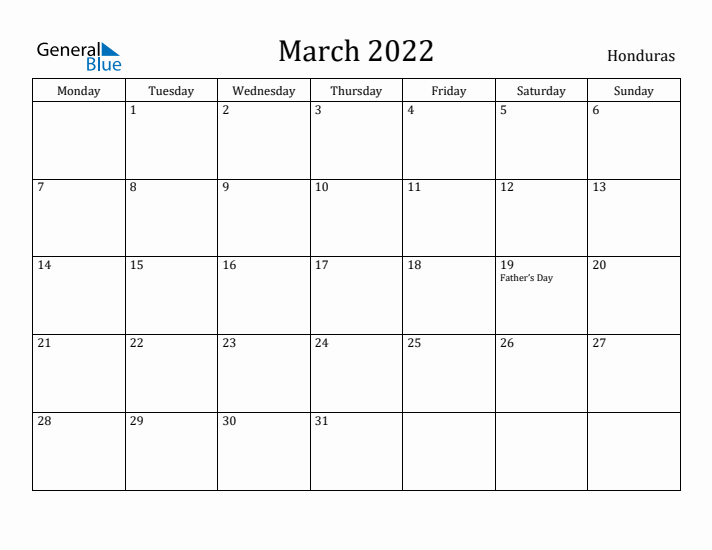 March 2022 Calendar Honduras