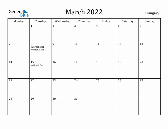 March 2022 Calendar Hungary