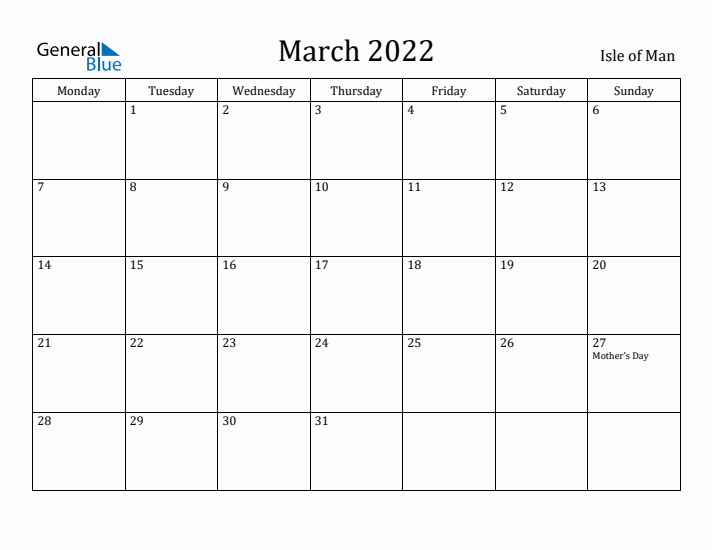 March 2022 Calendar Isle of Man