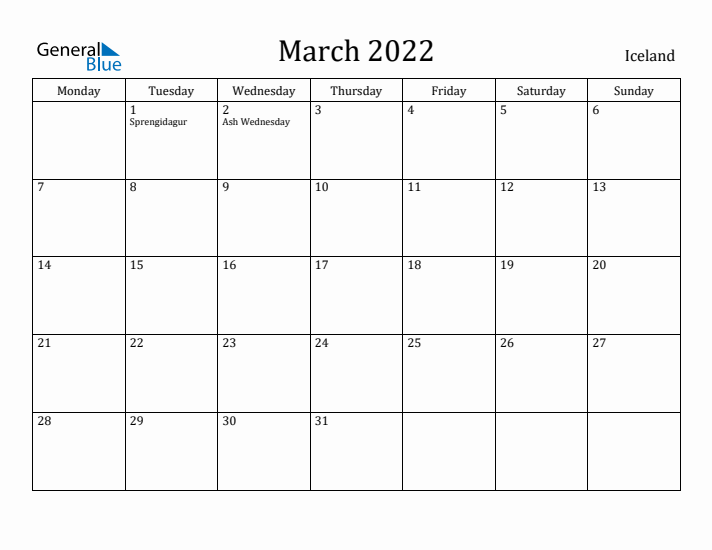 March 2022 Calendar Iceland