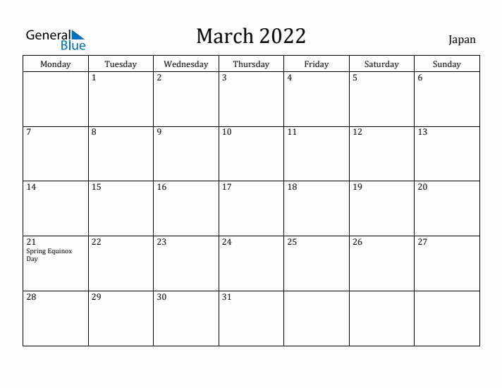 March 2022 Calendar Japan