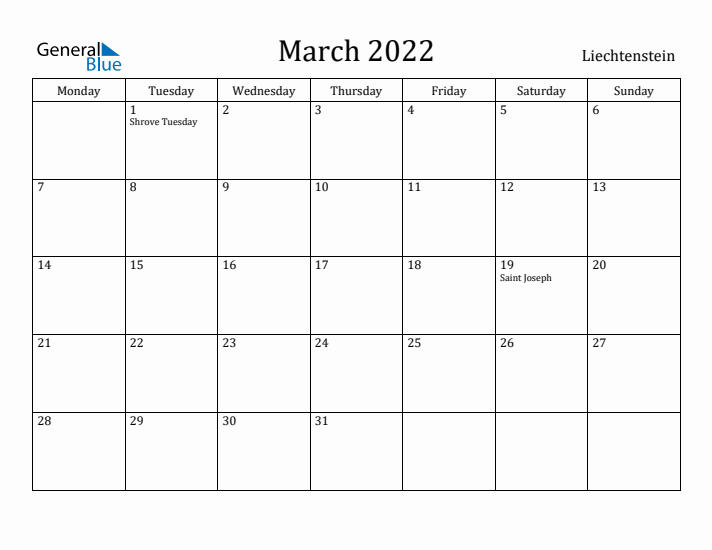 March 2022 Calendar Liechtenstein