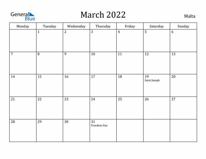 March 2022 Calendar Malta