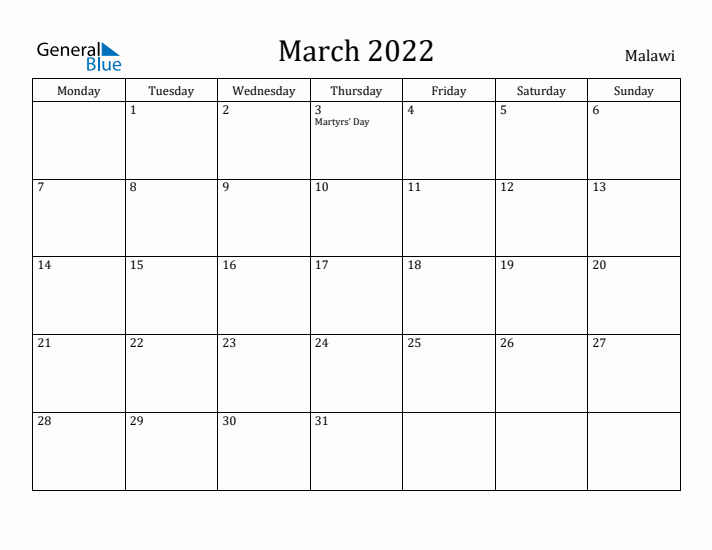 March 2022 Calendar Malawi
