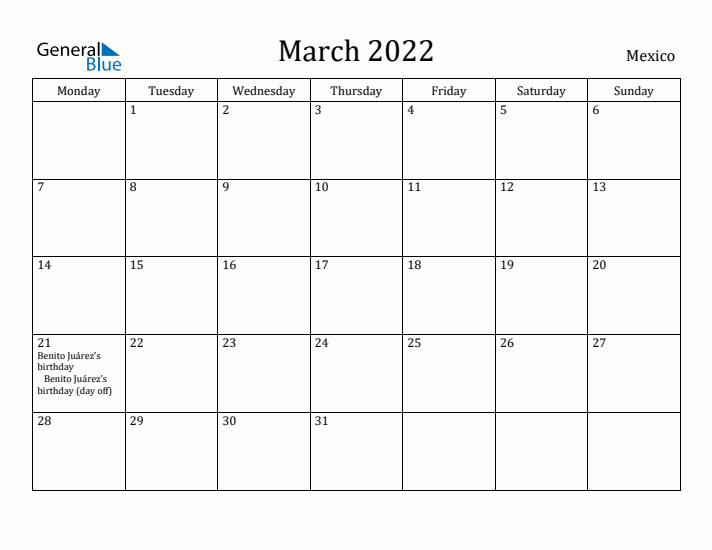 March 2022 Calendar Mexico